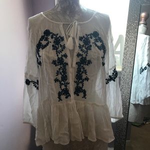 White, Navy Embroidered Flowy Shirt